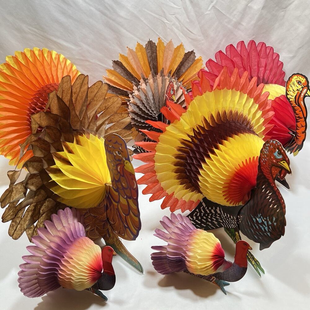 Vintage Lot of 7 Turkey Honeycomb Tissue Paper Thanksgiving Centerpieces Decor